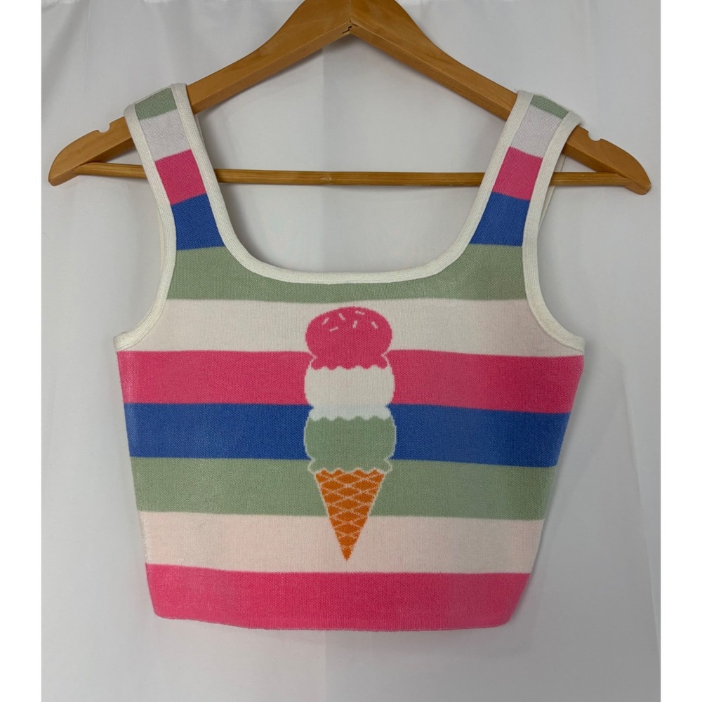 Debut Ice Cream Cone Striped Knit Crop Tank Top S/M Summer‎ Girly Novelty Beach